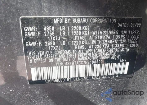 2022 Subaru Outback Premium из США, поврежденный, VIN 4S4BTACC7N3188500